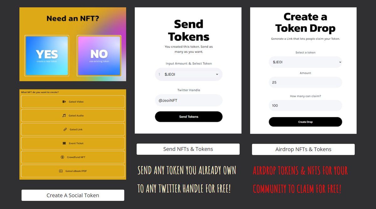 JEOINFT's tweet photo. https://t.co/fI6yTjvKdz
#CREATE:
If You Don't Already Have A Personal Token Or NFT, Create Them For #FREE On Ethereum Via Lazy-Minting.
#SEND:
Take Your Tokens To A New Level By Sending To Your Community For #FREE Via Twitter #0Auth.
#AIRDROP:
Create NFT/Token Drops #FREE! https://t.co/YhYlnCtuUZ