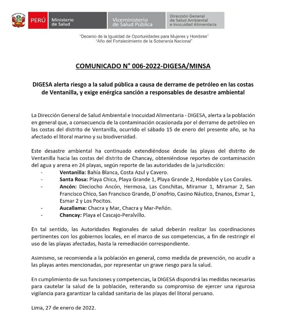 🔴 ATENCIÓN | Digesa del #Minsa alerta riesgo a la salud pública en playas del Callao, Lima y Huaral a causa de derrame de petróleo y exige enérgica sanción a responsables de desastre ambiental.

digesa.minsa.gob.pe/COMUNICADO_06-…