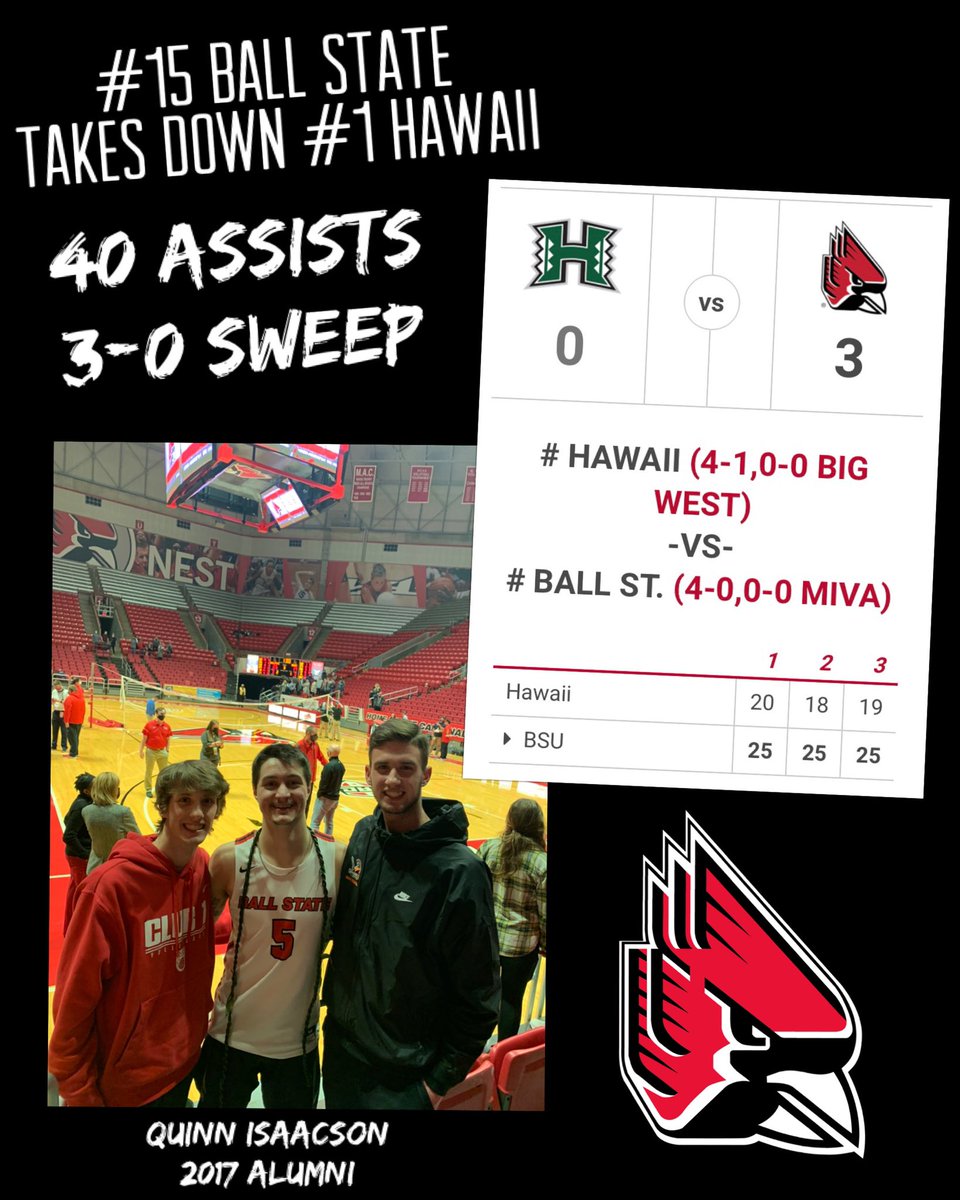 Congratulations to @quinnisaacson05 on a HUGE win tonight for the @ballstatemvb taking down #1 Hawaii in a 3-0 sweep! #chirpchirp
