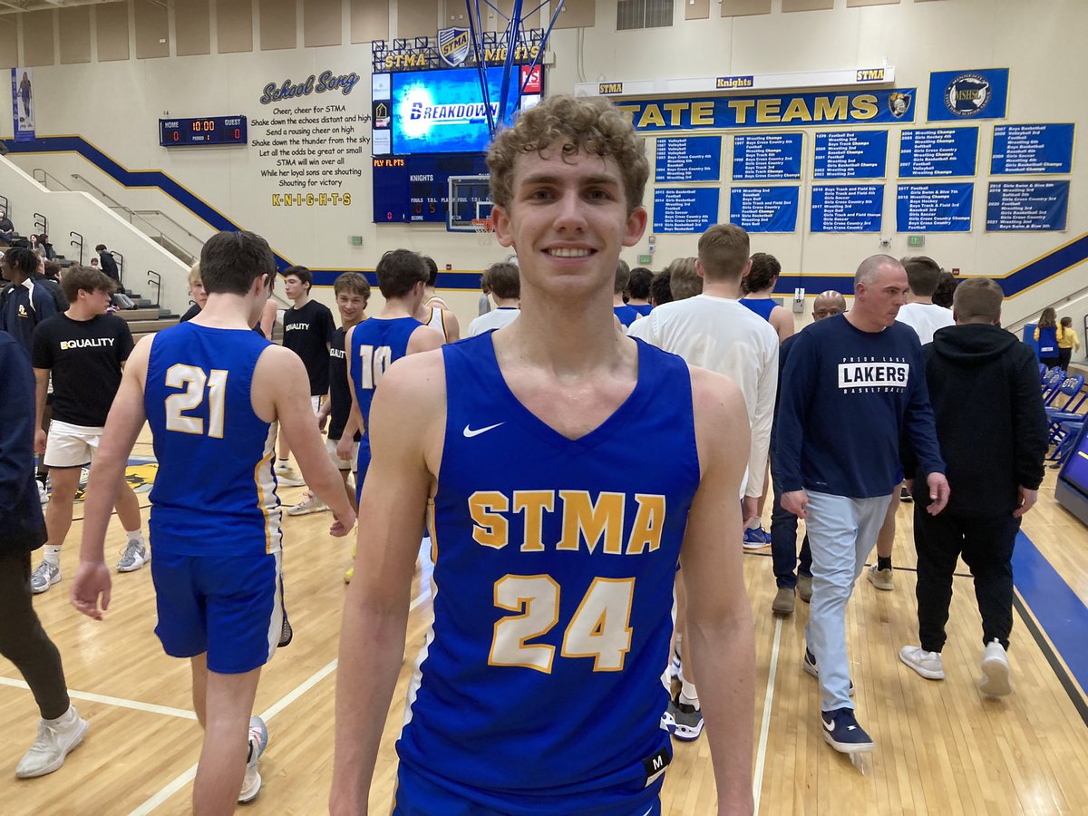 STMA 72 Prior Lake 66 final.

STMA: Carson Radke 26pt (3-9fg, 20-21ft), Johnny Tennyson 19pt (6-10fg 4 3s), Colton Demarias 6pt/6rb

PL: Malcolm Jones 22pt/8rb (11-14fg), Tommy Hjerpe 15pt/5rb, Eric Dueffert 14pt/5ast, Kyle Haas 10ast