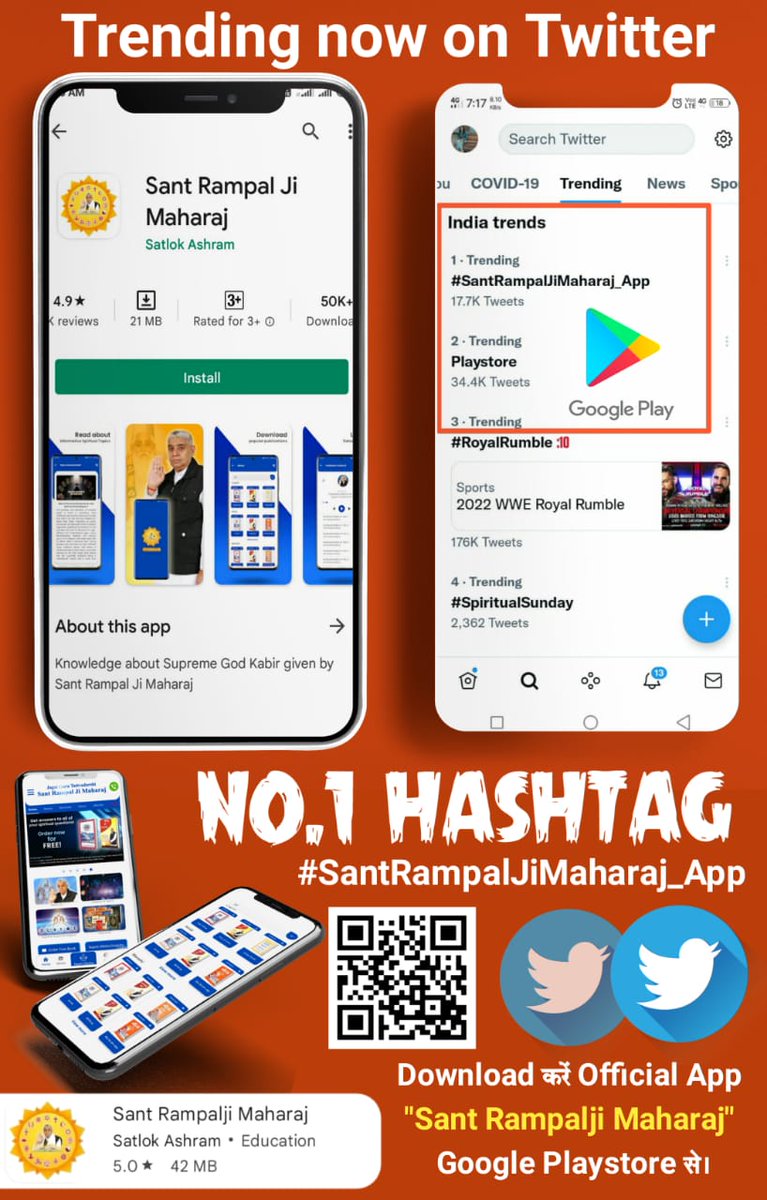 Pawnkpareek's tweet photo. #SantRampalJiMaharaj_App is Trending on no. 1 on Twitter along with keyword "Playstore".

So you also look into these and get to know about the true spiritual knowledge given by JagatGuru Tatvdarshi Sant Rampal Ji Maharaj. https://t.co/27UFM8DpE9
