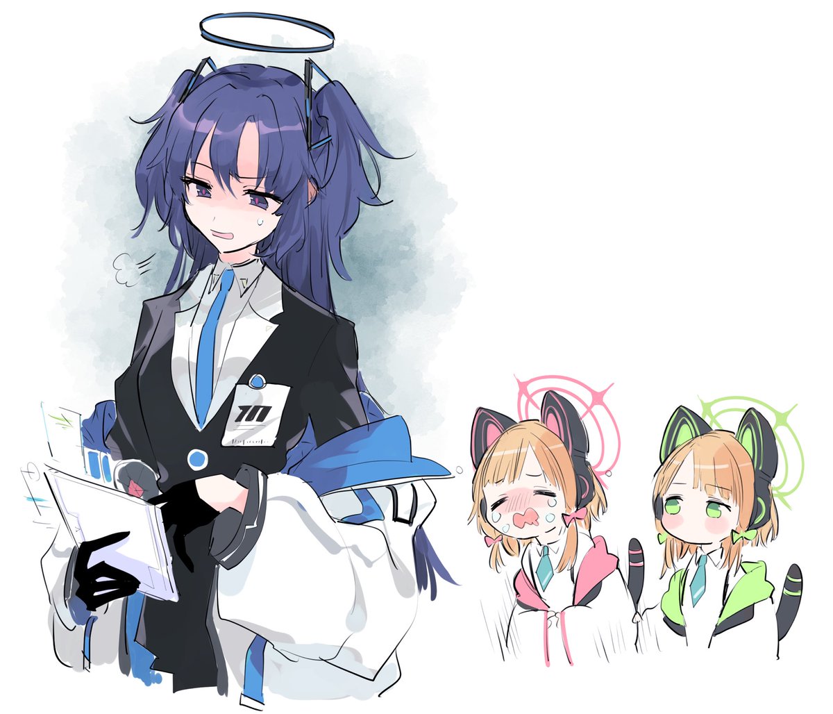 midori (blue archive) ,momoi (blue archive) ,yuuka (blue archive) multiple girls halo blue necktie jacket necktie animal ear headphones animal ears  illustration images