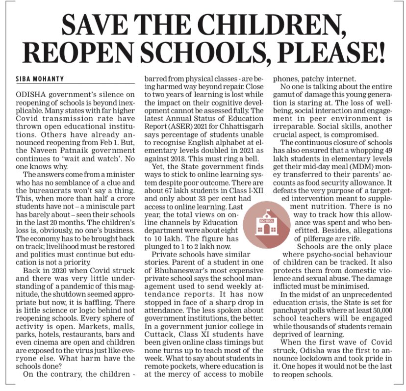 Half a crore children have not seen their schools in last 20 months. Loss is irreparable. Yet Odisha Govt is mum on school re-opening | My take <a href="/NewIndianXpress/">The New Indian Express</a> <a href="/XpressOdisha/">TNIE Odisha</a> #Odisha #schools 

newindianexpress.com/states/odisha/…