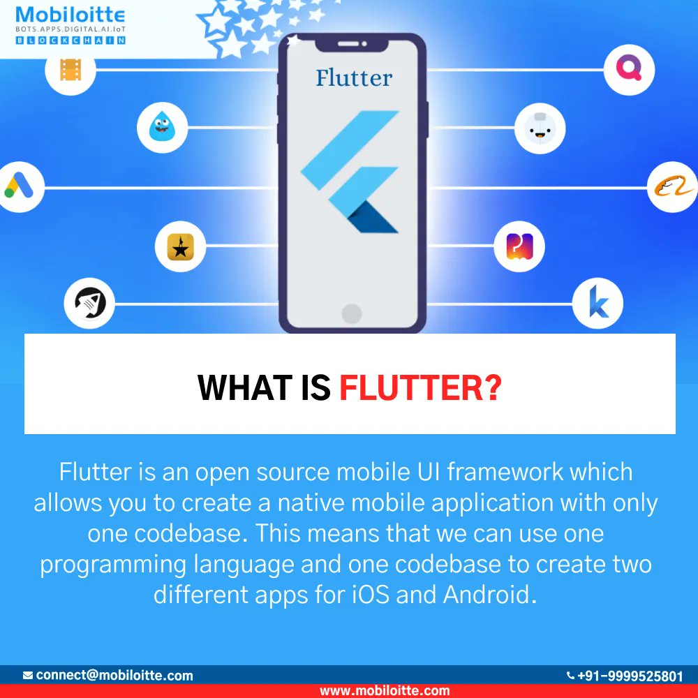 Mobiloitte's tweet photo. What is flutter?
Flutter is an open source mobile UI framework which allows you to create a native mobile application with only one codebase.
Know More: https://t.co/mC2R8S59XS
#flutter #UIframework #nativemobileapp #iOS #android https://t.co/N2uAgNk2cc