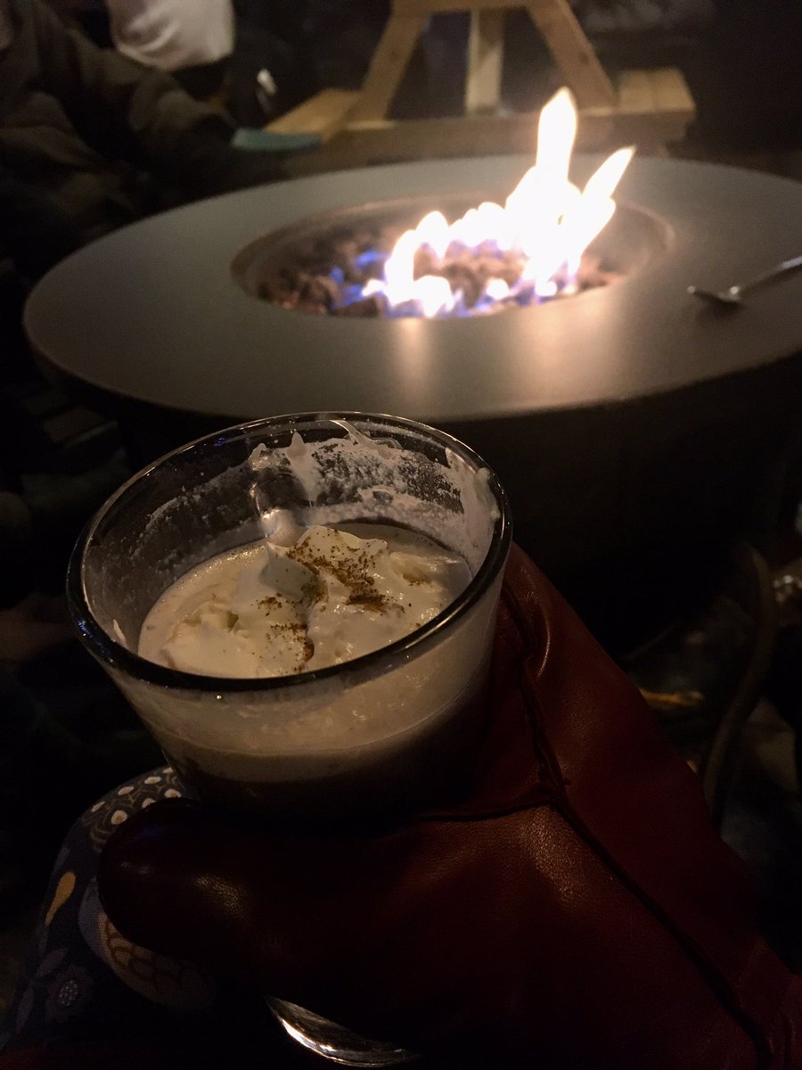 Staying warm with chocolate on the cozy @NextActPub #yegwinterpatio with Chris, @DinicolaNicola @gpommen & @fatTireBikeBoy