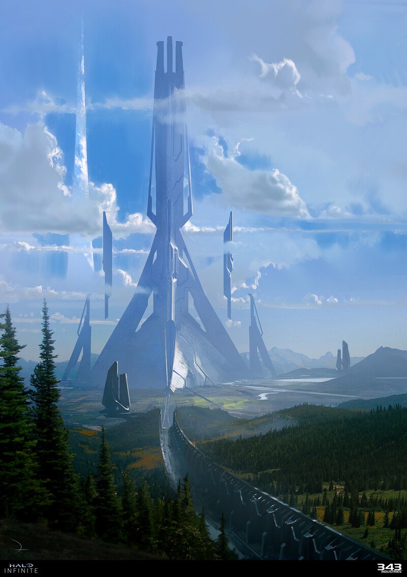 HaloIconicPics's tweet photo. Concept of the Silent Auditorium Forerunner structure before the ring got damaged. #HaloInfinite https://t.co/6eTghUe9Ze