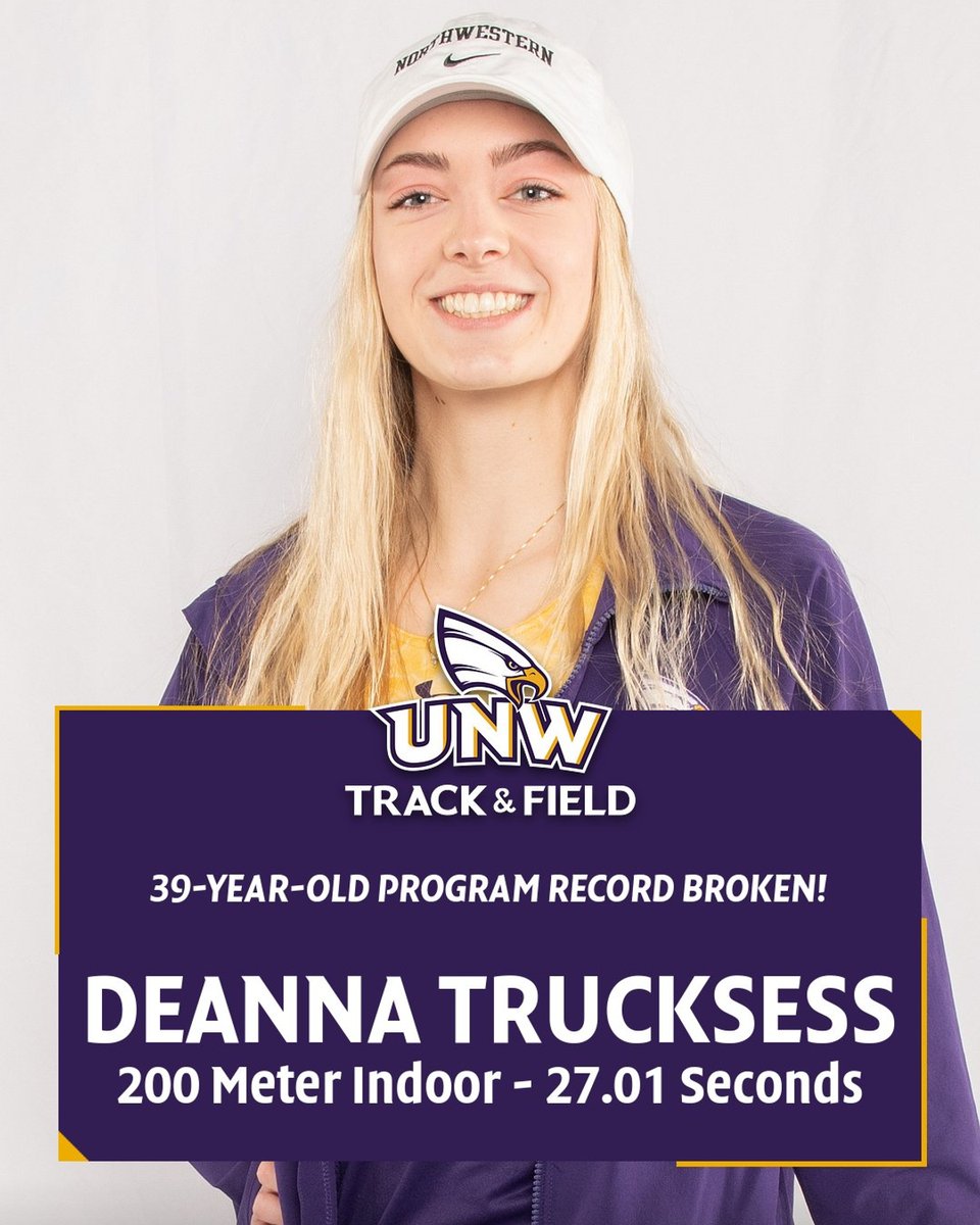 🚨 39-YEAR-OLD RECORD BROKEN! 🚨 Deanna Trucksess set a new <a href="/unwcctf/">UNW CC/T&F</a> indoor record today by running the 200 Meter Dash in 2️⃣7️⃣.0️⃣1️⃣ seconds! 🔥

📜 The freshman broke the previous record of 27.24 seconds set by Julie Bleadorn in 1983! 🤯

🦅 #CompeteWithPurpose #d3track