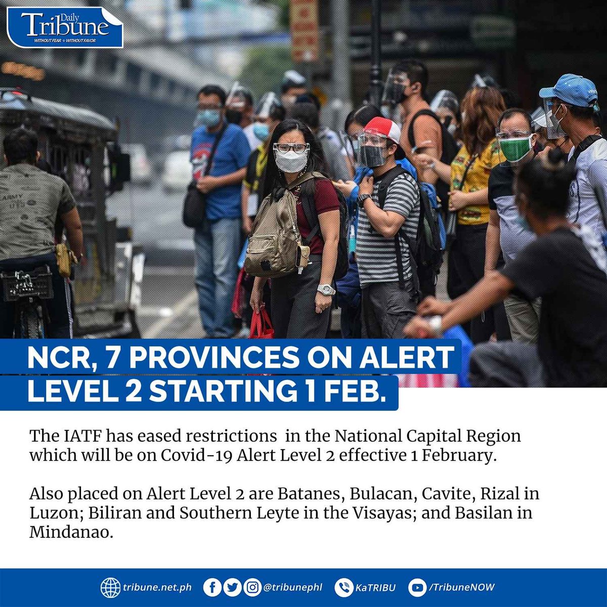 tribunephl's tweet image. NCR, Batanes, Bulacan, Cavite, Rizal, Biliran, Southern Leyte and Basilan will be on Alert Level 2 starting 1 Feb.

READ MORE:
tribune.net.ph/index.php/2022…

#COVID19PH 
#AlertLevel2