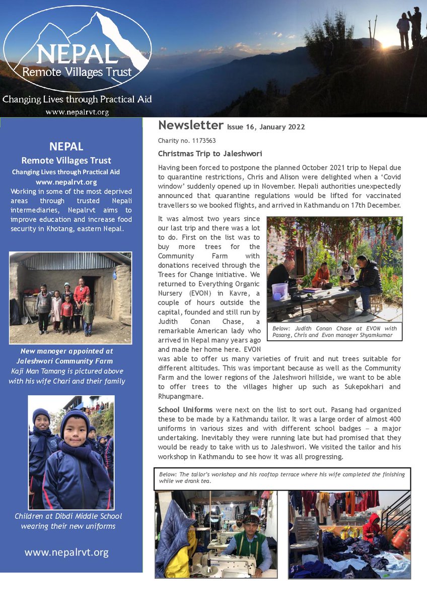 Nepalrvt's tweet photo. Nepal RV Trust
@Nepalrvt
·
4m
Latest newsletter from NRVT with photos and info on our Christmas trip. Also available to download from our website -  link in bio 
@RStephens7S
#nepal #nepalnonprofit #khotang #jaleshwori #nepalcharity #sustainableaid #nepalchildren #communityfarm https://t.co/29SA3AczbO