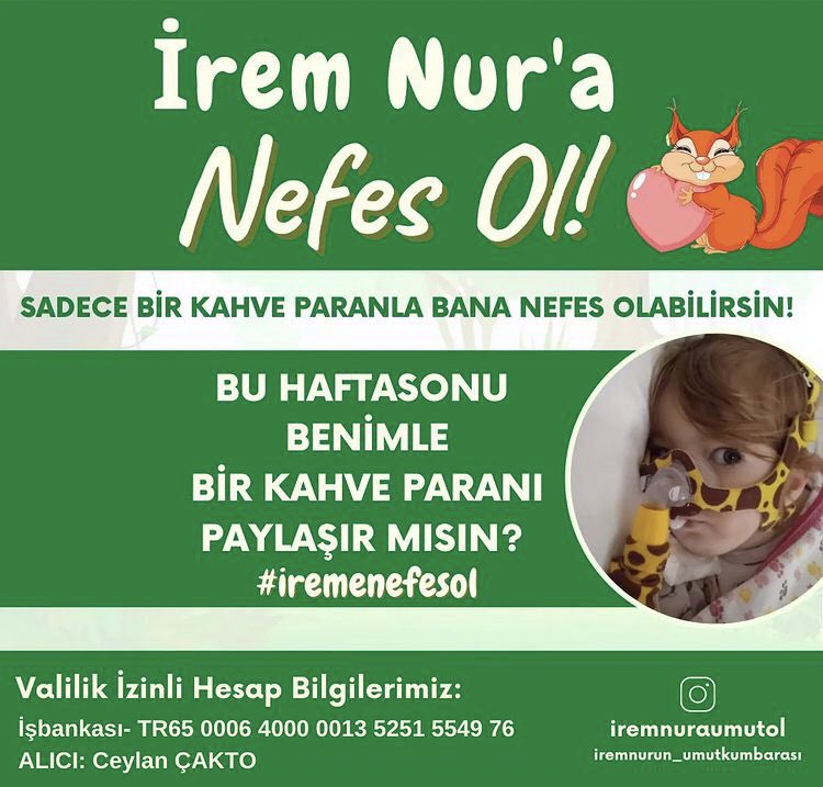 iremeumutol's tweet photo. Sadece bir kahve paranla İrem Nur’a nefes olabilirsin💚 Bugün arkadaşlarımızla dışarıda içeceğimiz kahveyi evimizde içip bir çocuğun yaşaması için destek olabiliriz 🙏🏻 #rt lütfen 💚 #iremeumutol // #MuratÖgretmenimGittin Grip Barış #kardeşlerim #AO2022 #ElektrikFaturasınaÇözüm https://t.co/202sG9nEfW