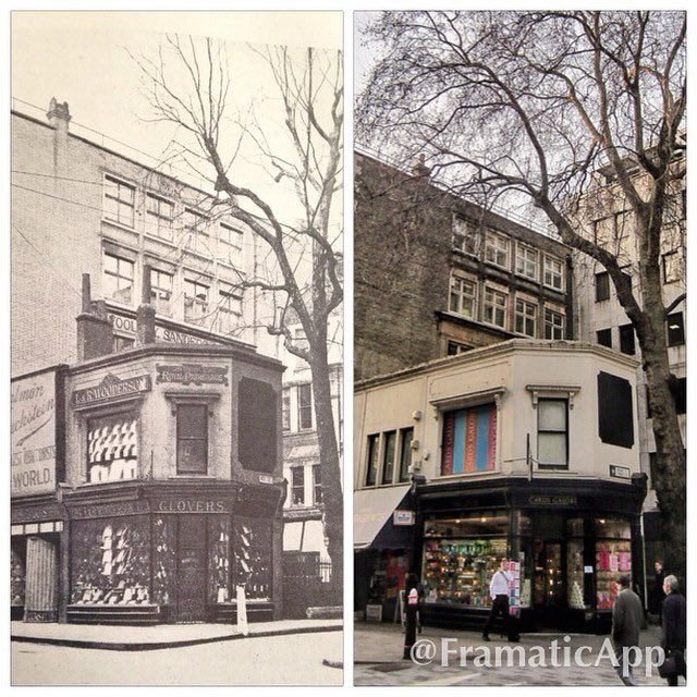 HistoryLondon's tweet image. Then (c.1920) and now: old houses on the corner of #Cheapside and Wood Street. Built in 1687, they are the only survivors of 'the first and least sort of building' authorised by the Rebuilding Act 1667, after the Great Fire.