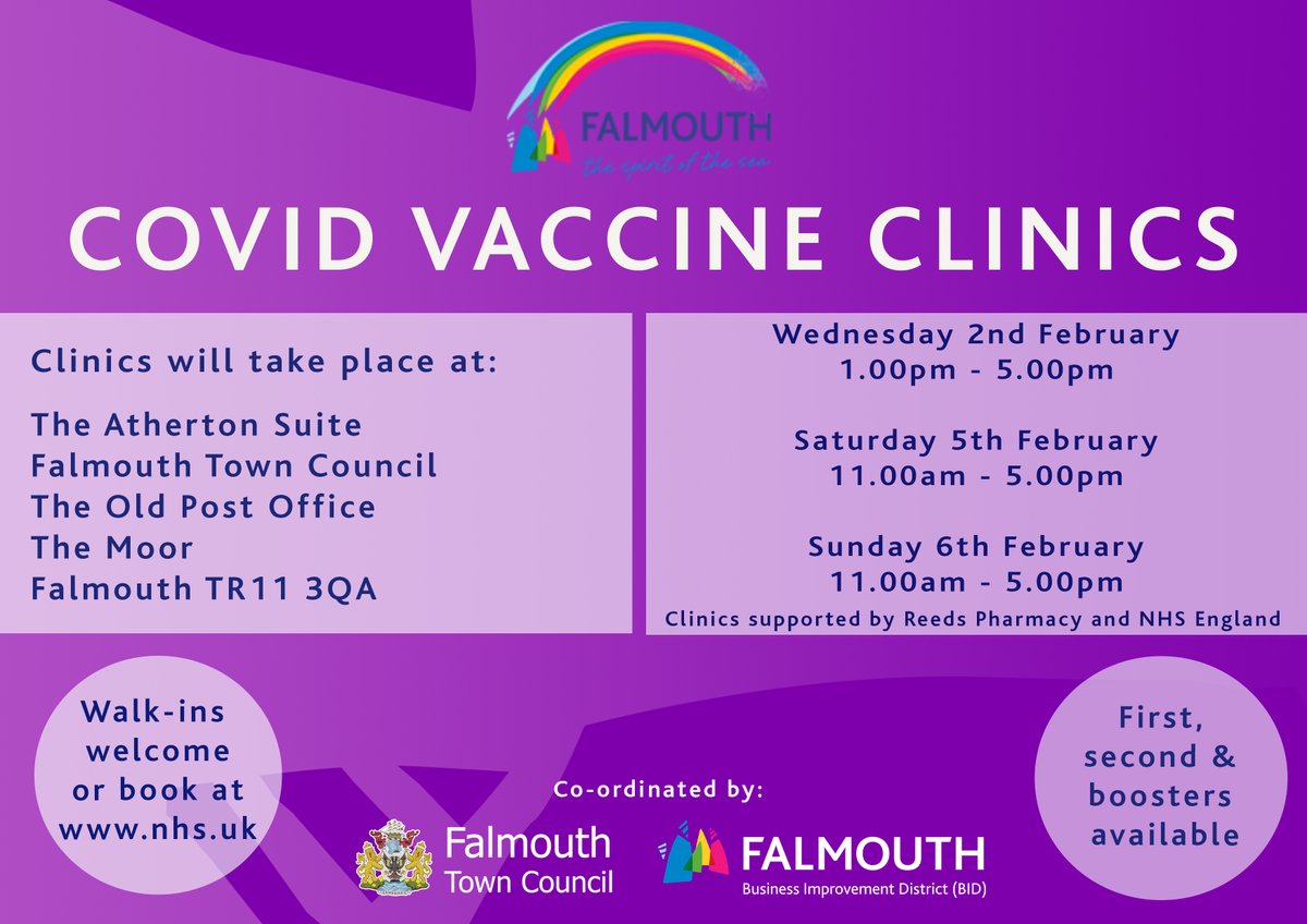 FalmouthTownUK's tweet photo. The Covid clinics will continue into February and first, second and booster jabs are available. Walk-ins are welcome, or you can book an appointment at https://t.co/WMjppfTHeX #lovefalmouth #doitforcornwall #reedspharmacy #nhsengland #covidclinic #falmouth https://t.co/kzJPCYRWwI