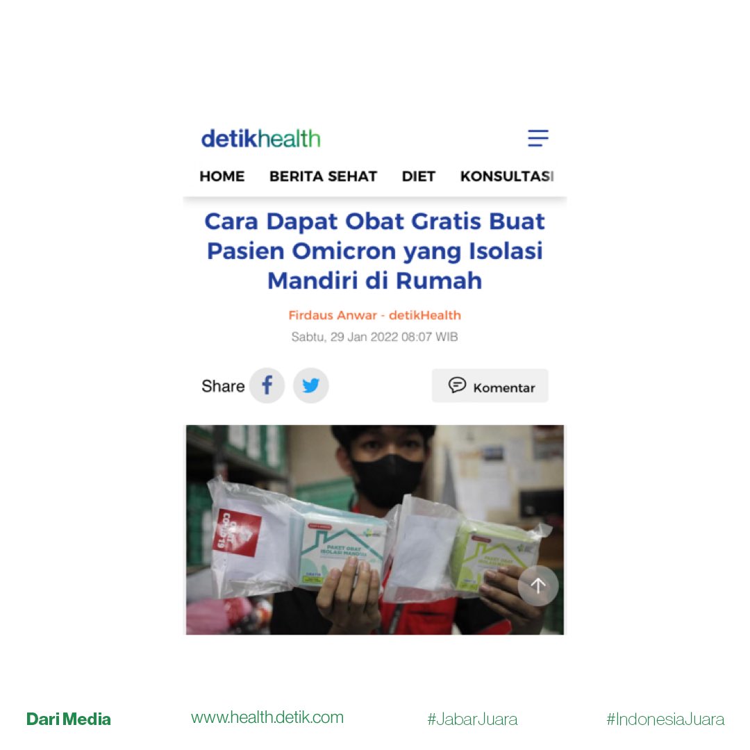 Kemenkes RI menyediakan layanan telemedicine (isoman) bagi pasien terkonfirmasi covid19.Melalui layanan tsb pasien mendapatkan layanan telekonsultasi&amp;paket obat gratis,layanan dpt diakses melalui isoman.kemenkes.go.id 
#JabarJuara #IndonesiaJuara -admin-