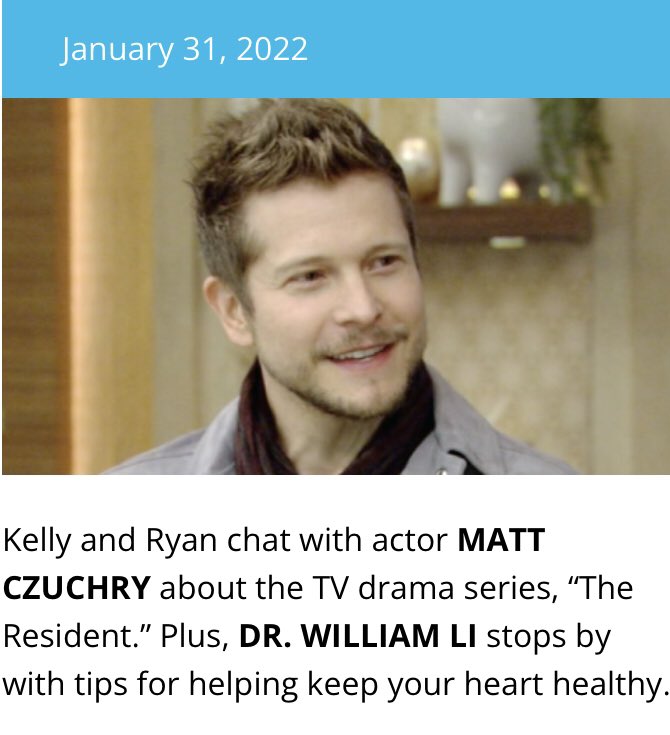 ResidentPodcast's tweet image. Matt will be on @LiveKellyRyan tomorrow! #interviewalert #mattczuchry