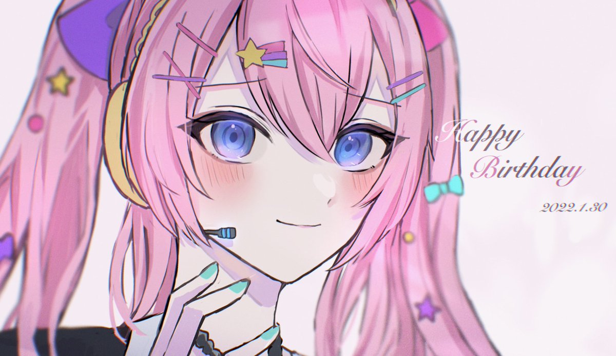 megurine luka 1girl solo hair ornament pink hair blue eyes smile hairclip  illustration images