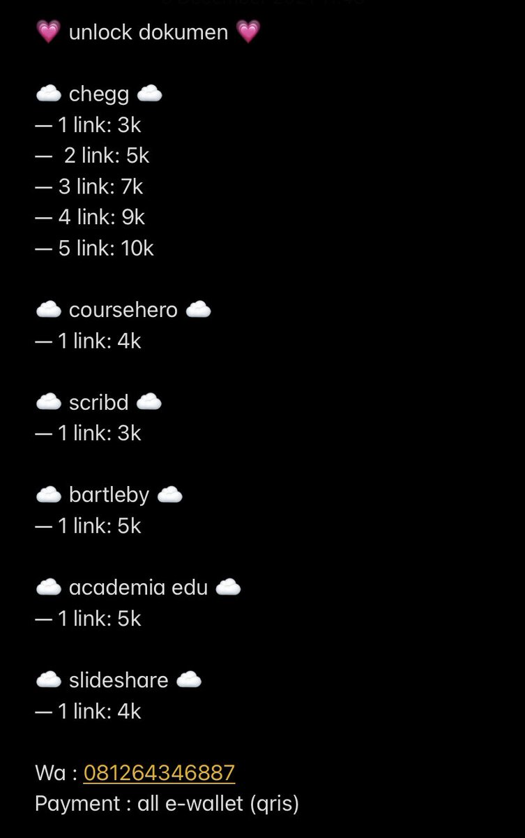 Jasa Unlock / unblur / buka / download jawaban dokumen UAS UTS

CHEGG
COURSEHERO
BARTLEBY
SCRIBD 
ACADEMIA EDU

500+ TESTI

Order (fast resp) wa.me/+6281264346887 

#zonauang #zonaba #jokitugas #jawabanuas