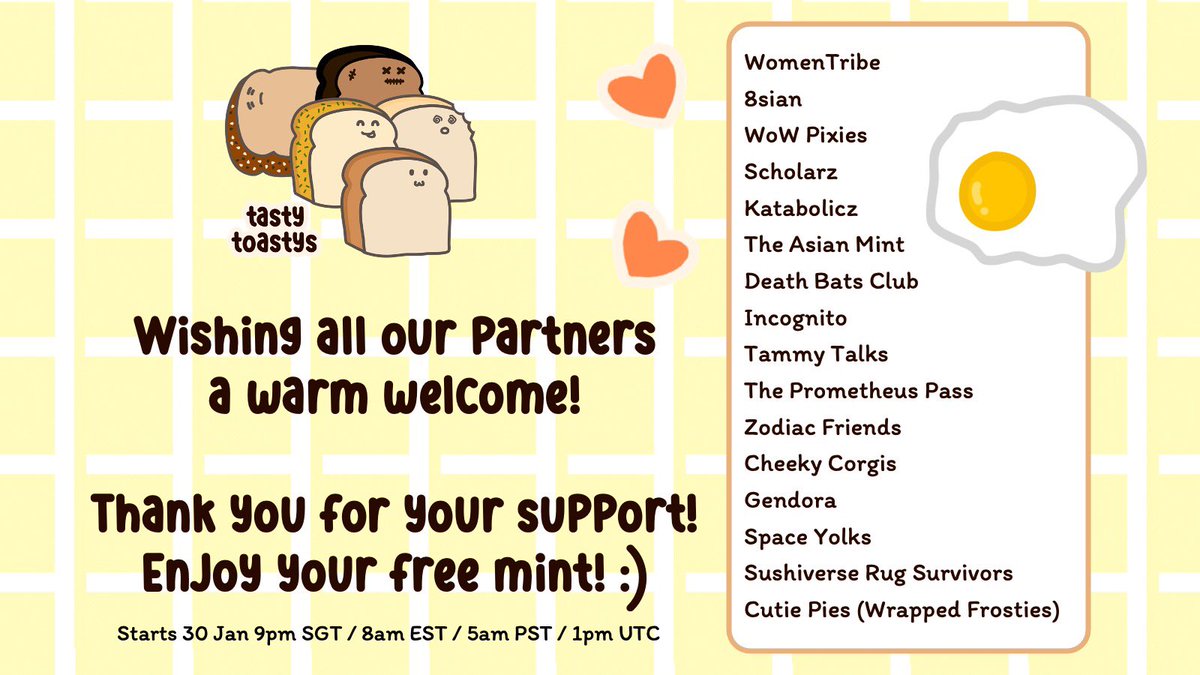 Cheekies, for those who have registered the free mint whitelist from our partner project <a href="/tastytoastys/">Tasty Toastys 🍞</a> , you can enjoy your free claim in 3 hours! Let’s get this bread 🍞!