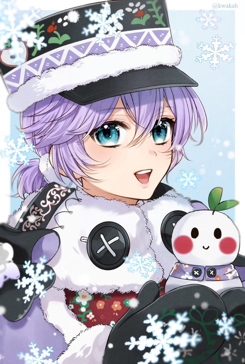 purple hair 1boy male focus hat blue eyes snowman smile  illustration images