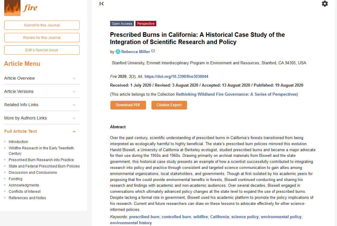 Fire_MDPI's tweet photo. Prescribed Burns in California: A Historical Case Study of the Integration of Scientific Research and Policy
by Rebecca Miller
https://t.co/uoJuQaPQl8
#prescribed_burn
#controlled_burn
#wildfire
#California
#science_policy
#environmental_history https://t.co/ly3LA2Gi7f