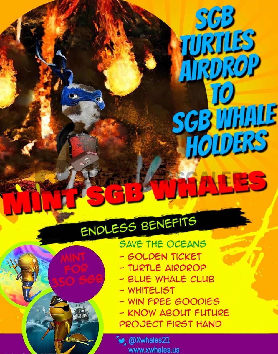 🎁#Giveaway🎁

5 SGB Whales #NFT to 5 people worth 350 $SGB each

🐳Follow @Xwhales21 &amp; Me
🐳Like &amp; RT to qualify
🐳Mint SGB Whales here > bit.ly/3o9YE7Y
🐳Buy Xwhales here > bit.ly/3Hl18rG

Also 25% of sales of solo whales goes to xrp node donation.

⏰48hrs