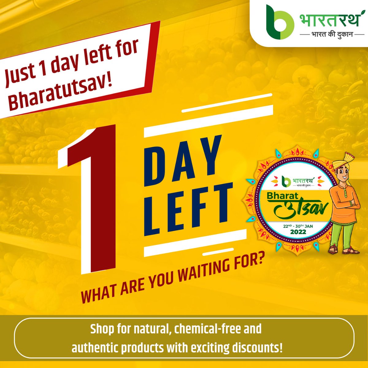Be a part of the celebration of Bharatiya Producers. Shop for natural, chemical-free and authentic products with exciting discounts today! 

Visit bharatrath.com or download the app now! #Bharatutsav