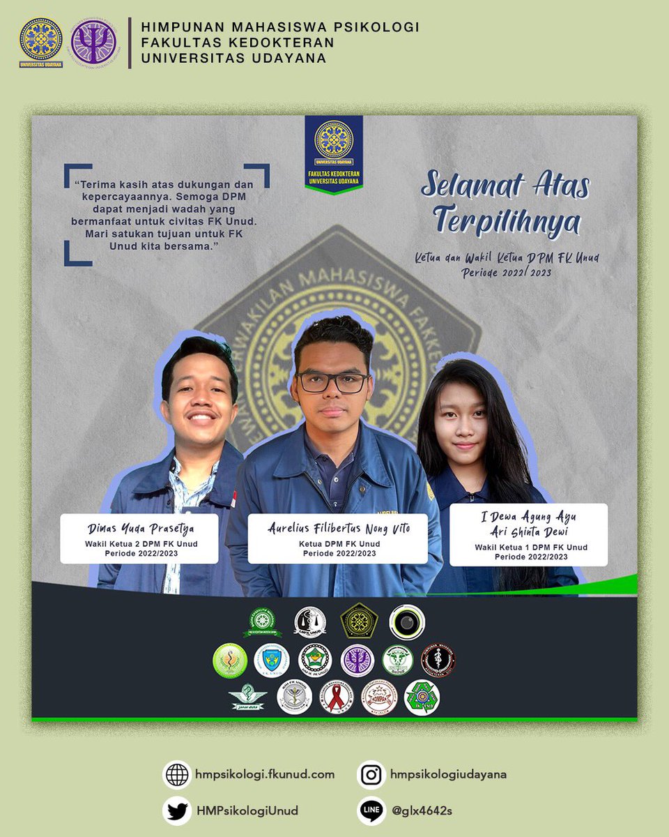 [𝐒𝐄𝐋𝐀𝐌𝐀𝐓 𝐃𝐀𝐍 𝐒𝐔𝐊𝐒𝐄𝐒 𝐊𝐄𝐓𝐔𝐀 &amp; 𝐖𝐀𝐊𝐈𝐋 𝐊𝐄𝐓𝐔𝐀 𝐃𝐏𝐌 𝐅𝐊 𝐔𝐍𝐔𝐃 𝟐𝟎𝟐𝟐/𝟐𝟎𝟐𝟑]

Halo teman-teman semua!
Kami mengucapkan selamat atas terpilihnya Ketua, Wakil 1, dan Wakil 2 DPM FK UNUD periode 2022/2023💫