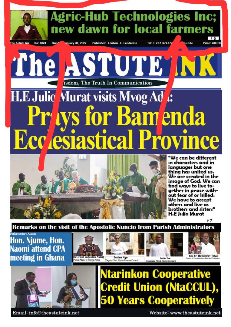 AgricInc's tweet photo. We have been featured on today’s edition of The Astute ink ! Grab a copy to get the full story! @IFAD @UKinCameroon @africatechie https://t.co/n2r6C14ZrK
