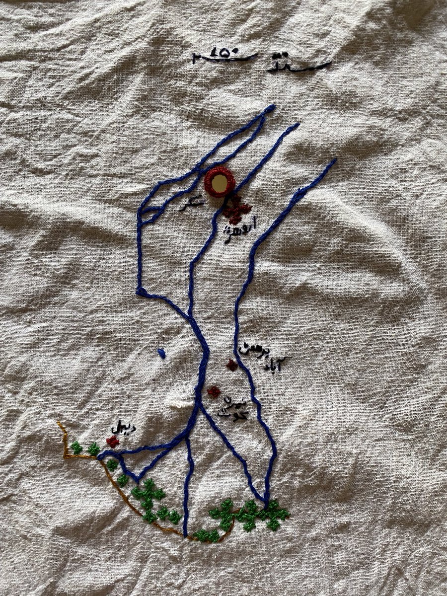 BhuttoZulfikar's tweet photo. For a new series, I made four maps to illustrate how the Indus has changed from 2500 BC to 750AD, 1700 AD and the today. Different stitches emphasize different features (mangroves, cities). The sheesha is sukkur’s current position through the ages. #embroidery #sindh https://t.co/HbJNtP6wZh