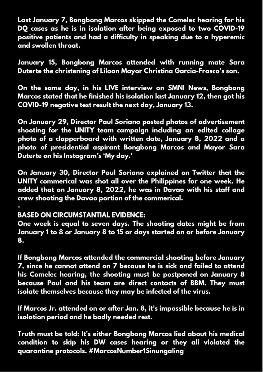 PhiloSophiaSoph's tweet photo. Direk Paul Soriano, may you please tell us the exact date when Bongbong Marcos attended his commercial campaign shoot? It’s either he lied about his medical condition or all of you violated the protocols.

HINDI KAMI MANGMANG! #MarcosNumber1Sinungaling https://t.co/LKWM14CiAP