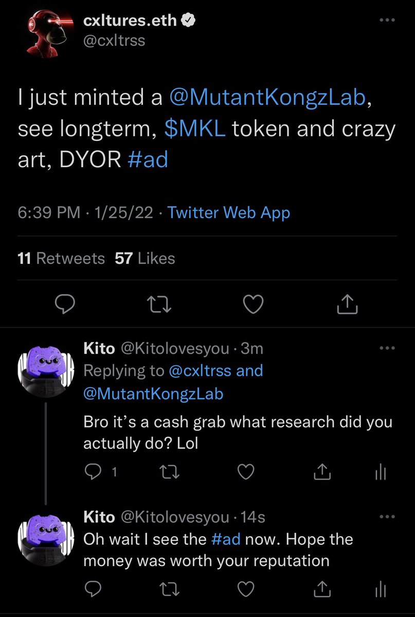 Kitolovesyou's tweet photo. A short story in 3 parts on why you should actually DYOR &amp; not listen to buffoons with checkmarks @cxltrss @GamingApeClub https://t.co/yUvqjd50nP