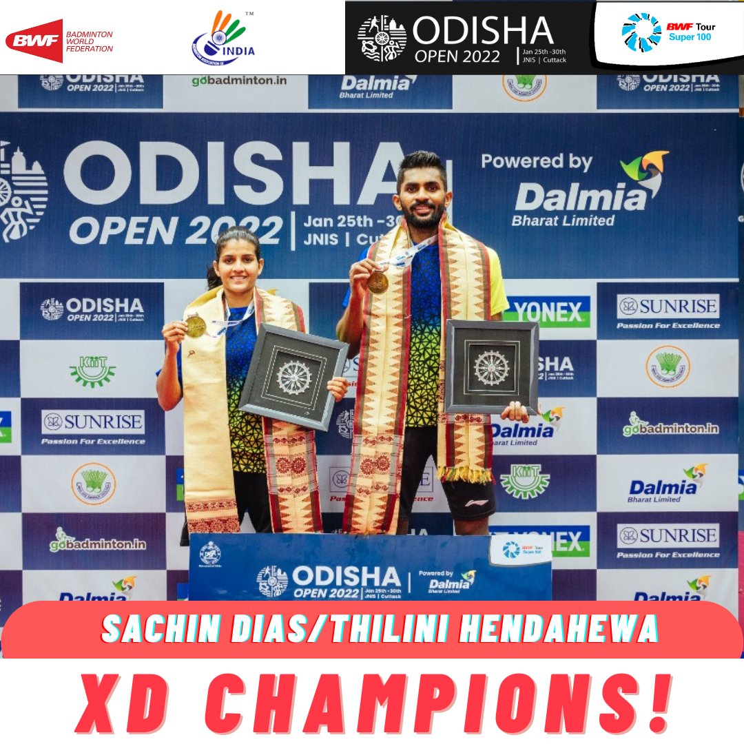 OdishaOpen100's tweet photo. #OdishaOpen2022 

#Champions #MixedDoubles - Sachin Dias/Thilini Hendahewa 🇱🇰 

@sports_odisha
@BAI_Media
@MyDalmiaCement
 
#OdishaOpenSuper100 #IndianBadminton https://t.co/XHEOVxGBY9
