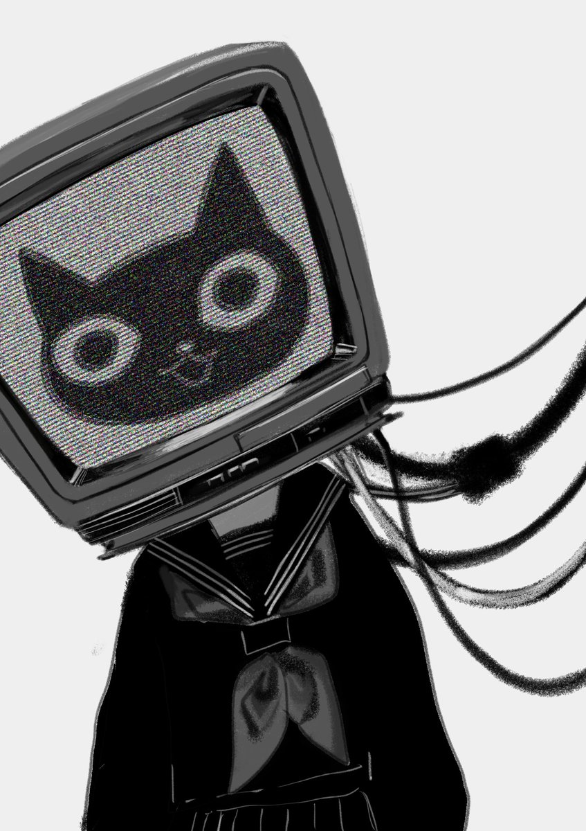 greyscale monochrome school uniform 1girl serafuku neckerchief television  illustration images