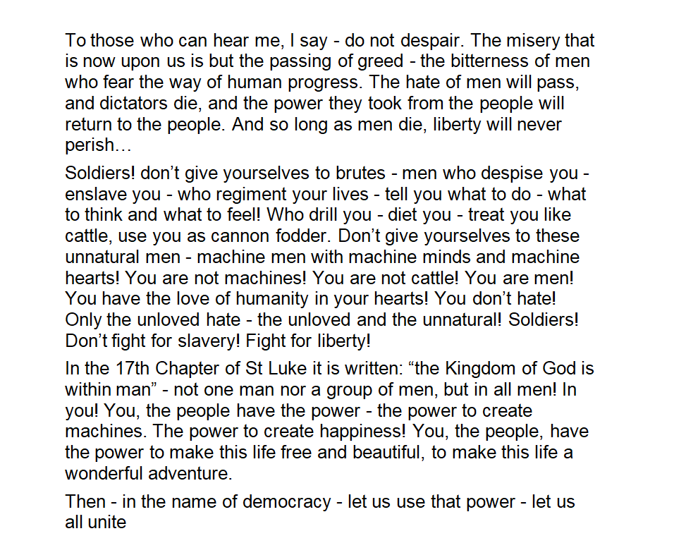 D62Darya's tweet photo. #CanadianTuckers #ottawa #TruckersForFreedom2022
#IStandWithTruckers 👇👊#LetUsUnite
Charlie Chaplin's speech from "The Great Dictator"
"Greed has poisoned men’s souls, has barricaded the world with hate, has goose-stepped us into misery and bloodshed." https://t.co/so8MnwE45r