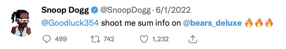 Lima_Bl00d's tweet photo. 6/6
Closing
Last but not least, the one and only @snoop has recently showed interest. 
How long until joins the fam?

Hope you liked the content. Please Follow, Like and Retweet. https://t.co/z4YPProaMR