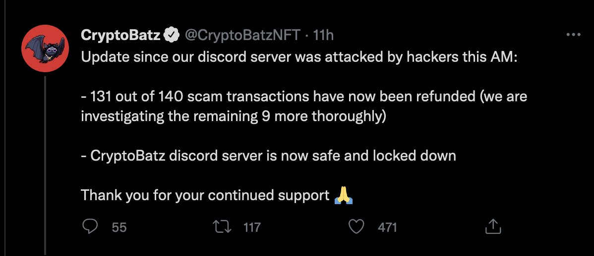 TheUncleNut's tweet photo. @stapleverse @jeffstaple  could learn a lot from @CryptoBatzNFT , who took responsibility for bad links posted on their discord and refunded the ETH phished. As a victim (5.71 ETH) of @stapleverse bad links. (THREAD) 1/7 https://t.co/SdPlHfWBhi