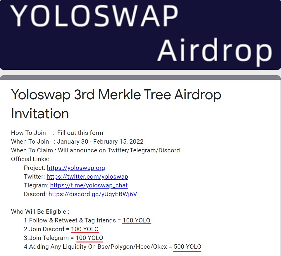 Fill out the form to join #Yoloswap 3rd #Airdrop

forms.gle/1zpun1MWPvzvCd…

🚩Follow &amp; Retweet &amp; Tag friends = 100 YOLO
🚩Join Discord = 100 YOLO
🚩Join Telegram = 100 YOLO
🚩Adding Any Liquidity On Bsc/Polygon/Heco/Okex = 500 YOLO