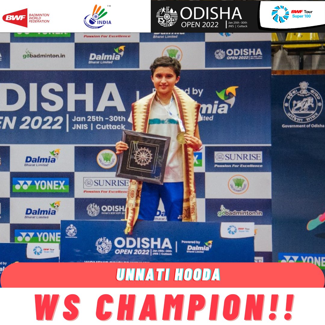 OdishaOpen100's tweet photo. #OdishaOpen2022 

#Champion #WomenSingles - Unnati Hooda 🇮🇳

@sports_odisha
@BAI_Media
@MyDalmiaCement

#OdishaOpenSuper100 #IndianBadminton https://t.co/xq9C4idxkk