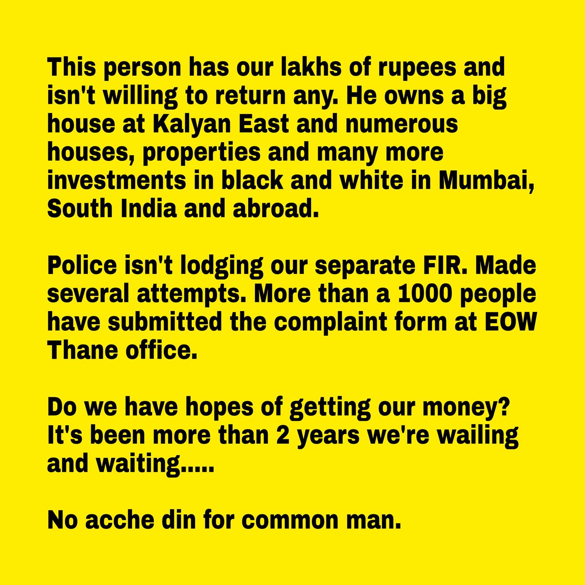 PsychShree's tweet photo. Crores of ₹ with #VGNJewellers and not returning our hard earned money. #Kalyan #Dombivli #Mulund #Ulhasnagar branches shut. Financial crisis since #covid 🚨HELP🚨 @bbcnewsmarathi @TV9Marathi @abpmajhatv @ThaneCityPolice @zee24taasnews  @MumbaiPolice @TMCaTweetAway #vgnscam https://t.co/2dO804D8o0