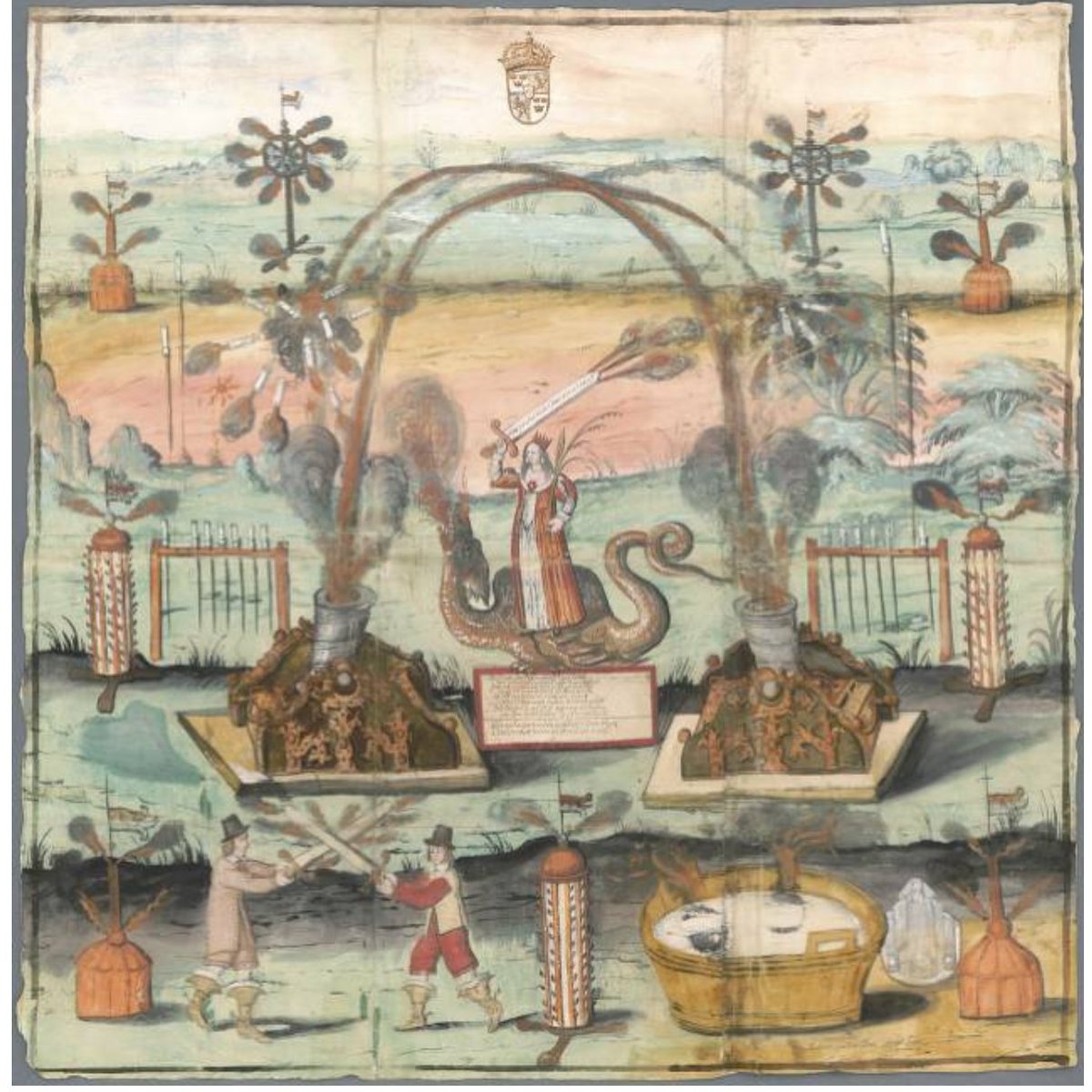 Fireworks at Narva, 8 December 1649

Queen Kristina stood on a dragon wielding a firework spewing sword to laud the conclusion of the Peace of Westphalia in connection with her birthday and the lads crossing swords

Sword reads "Pax Nobis fiat modo Christina vivat"