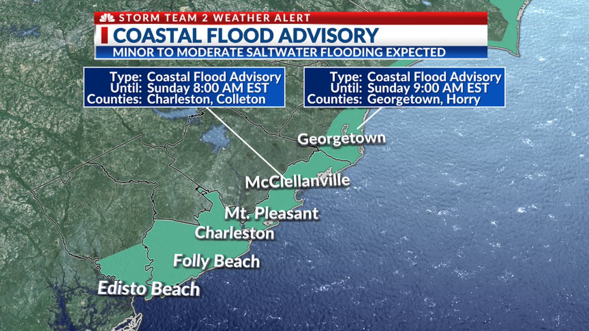 WEATHER ALERT: A Coastal Flood Advisory has been issued. Prepare for minor to moderate saltwater flooding. Some flooded streets, flooded property, and a few closures are expected near tidal waterways and in Downtown Charleston. #chswx #scwx