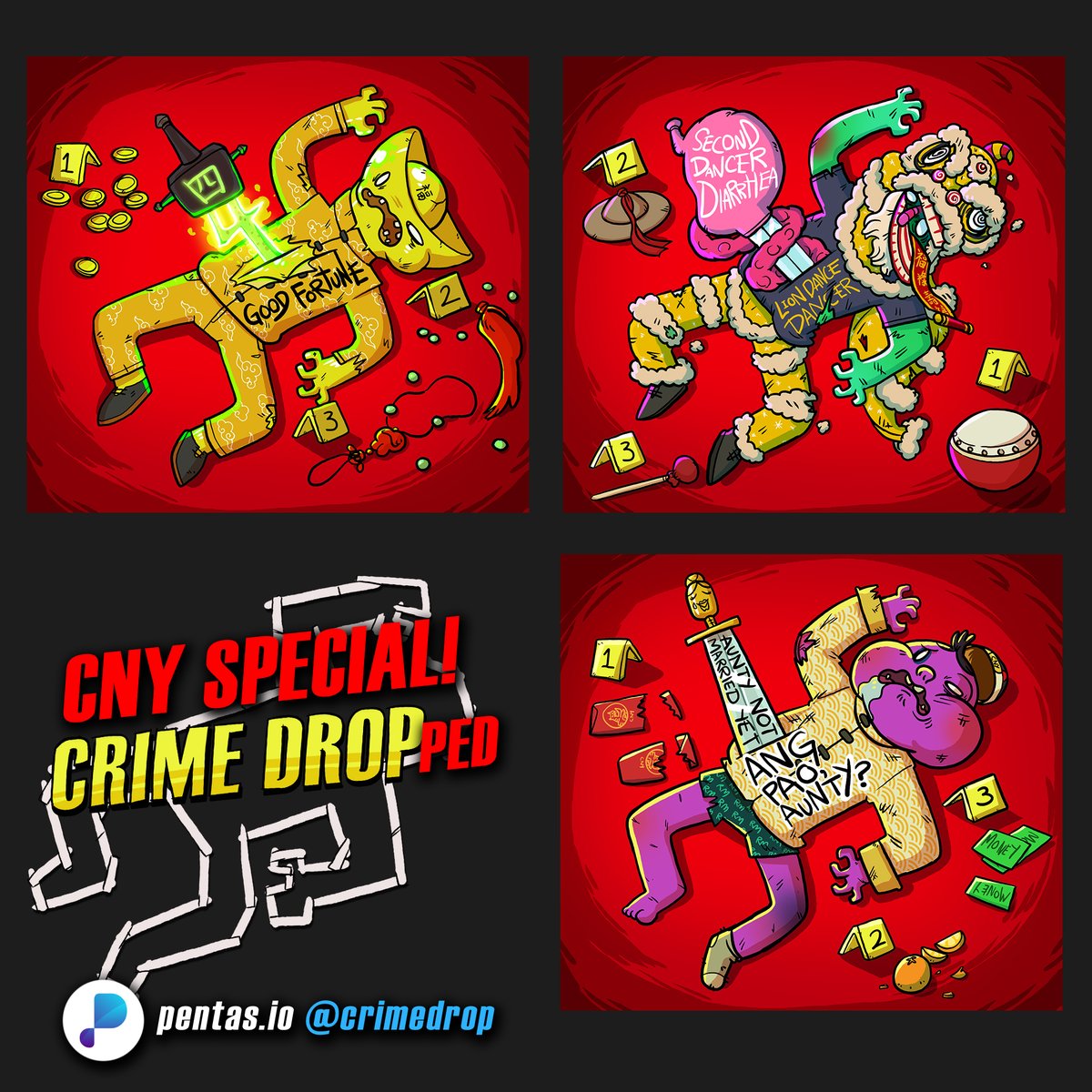 CrimeDrops's tweet photo. FRESH CHINESE NEW YEAR DROP!
CNY is so new, now we have these? Luckily there's only 3 bodies, not four! Where are all the detectives to bring justice back in Crime City??
do check out the scenes in my profile:
https://t.co/qxhFsqdOwp
#crimedrop #cny2022 #nftart #nftcommunity https://t.co/CLO1iWyi57