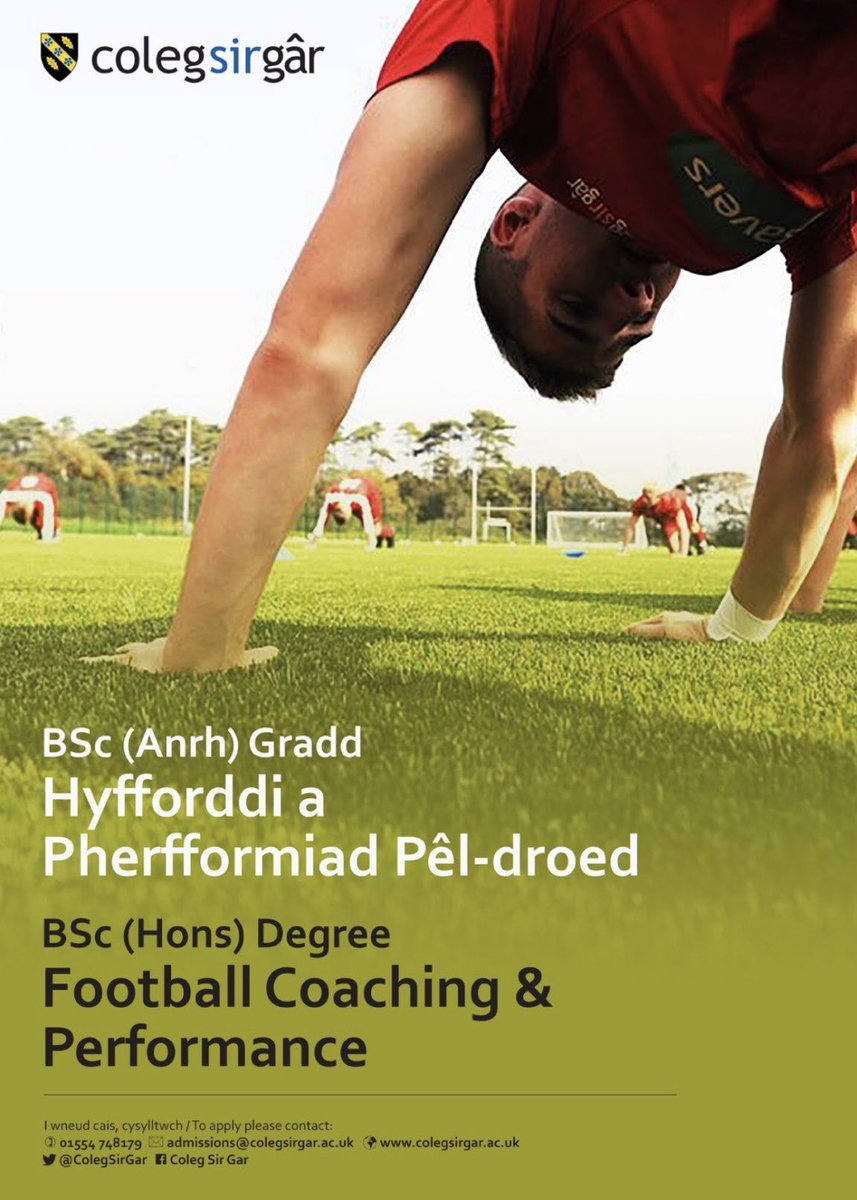 CsgSoccer's tweet photo. GRADD HYFFORDDI PÊL-DROED | UWTSD / Coleg Sir Gar 🎓
⚽️ Eisiau datblygu eich gyrfa #hyfforddi?
👏🏻 Cael #Profiad ymarferol mewn #Academi #ECFA?
🎓 Graddio gyda #BSc #Hons gradd
🗣 Yna gallai'r #Gradd hon fod ar eich cyfer chi‼️
✅ I WNEUD CAIS:
admissions@colegsirgar.ac.uk https://t.co/1fRXXSvg9M