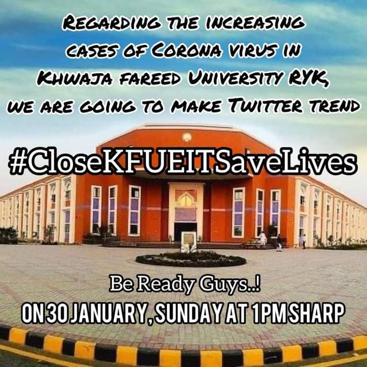 wzrmushtaq's tweet image. یونیورسٹی میں کرونا وائرس کے بڑھتے ہوئے کیسیز اور انتظامیہ کی لاپرواہی کے خلاف آج ٹویٹر پر ایک اہم ہیش ٹیگ کیا جا رہا ہے آپ سے شرکت کی استدعا ہے
@DifaeyPakistan
#CloseKFUEITSaveLives