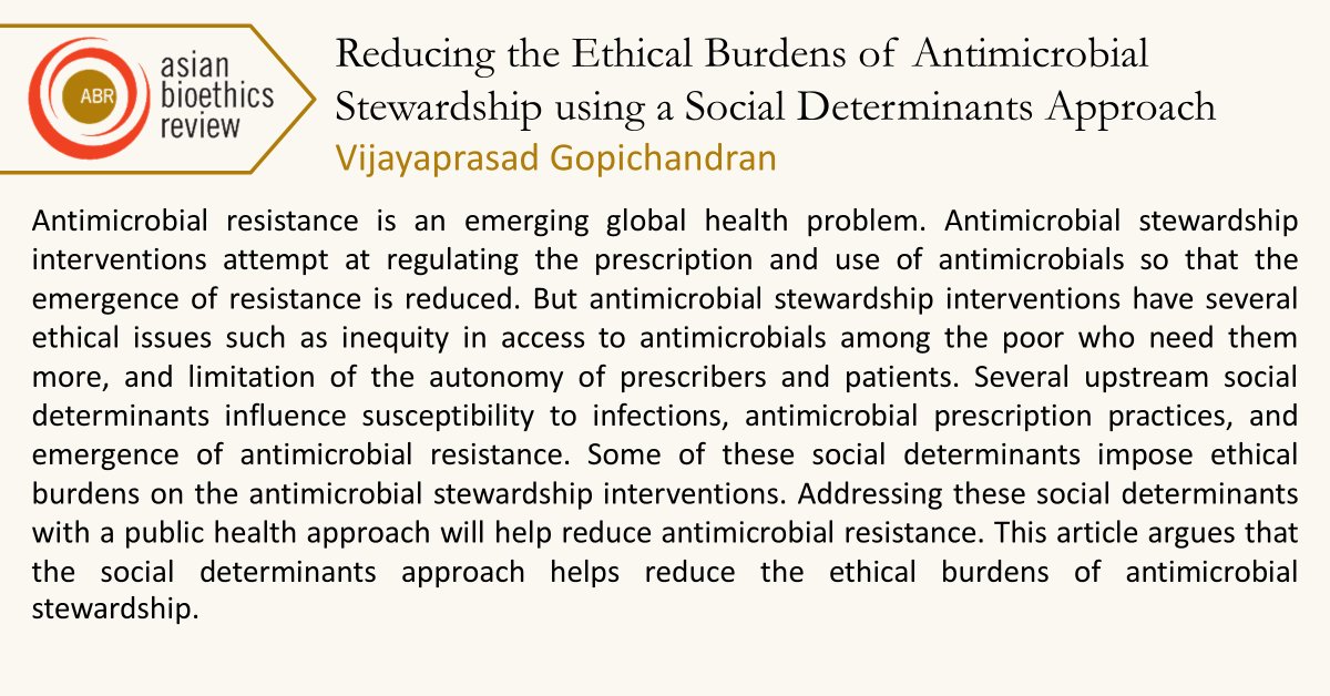 AsianBioethics's tweet image. Reducing the Ethical Burdens of #AntimicrobialStewardship using a #SocialDeterminants Approach

Vijayaprasad Gopichandran @VJ_PublicHealth

link.springer.com/article/10.100…
#Bioethics #AntimicrobialResistance #AMR #SustainableDevelopmentGoals #SDGs #PublicHealth @esicmchchennai @iitmadras