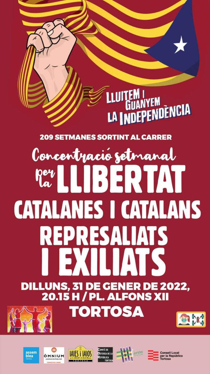 Ja són 209 dilluns a la plaça sortint a exigir llibertat!!! No defallim!✊
<a href="/ANCTortosa/">#Llibertat</a> <a href="/RiuadaEbrenca/">RiuadaEbrenca</a> <a href="/GSRepressioEbre/">GS Repressió Ebre</a>