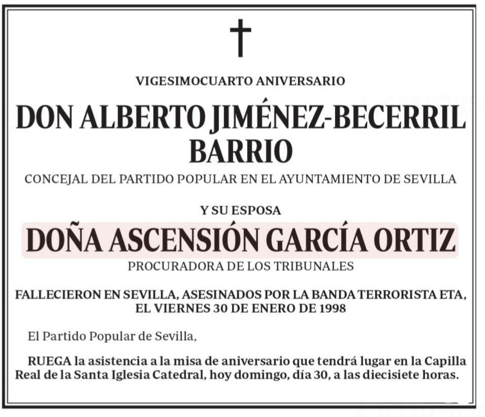 Hoy es el día más frío  en #Sevilla desde hace 24 años. Día en el que fueron asesinados por los Terroristas de ETA nuestros compañeros Alberto y Ascen. Hoy, como cada año rendiremos homenaje a dos sevillanos comprometidos que perdieron su vida por la libertad.
#NiOlvidoNiPerdón.