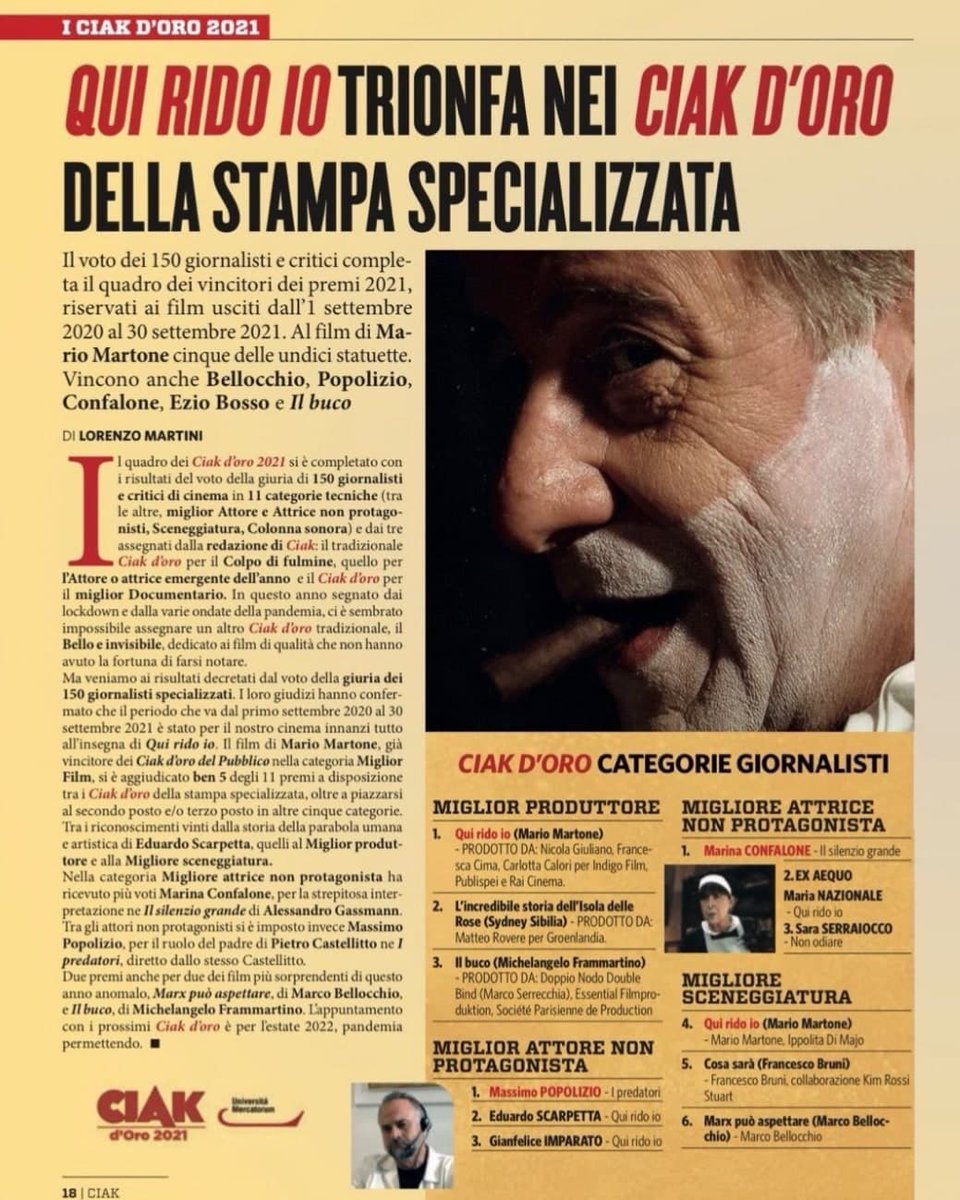 Ciak d'or 2021 du meilleur film et du meilleur scénario pour 'Que rido io' (image : Renato Berta). Bravo Mario ! Bravo Ippolita ! Bravo Renato ! 
#mariomartone #ippolitadimajo #renatoberta #ciakdoro #Photogrammes