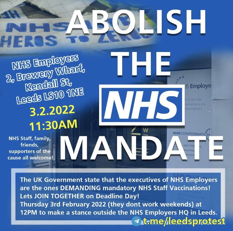 NHS100K's tweet photo. Where ever we are in the UK, let's UNITE in LEEDS (NHS Employers HQ) on the 3rd Feb 2022 at 11:30am and send a strong message to the executives pushing the mandatory vaccination on NHS Staff. 

Lets make a change, push to remove the mandates https://t.co/maeJwkbeHh