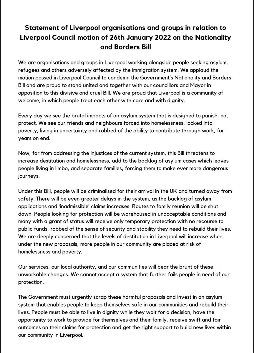 This statement is from Liverpool organisations in response the the unanimous passing of the motion on the Nationality and Borders bill at council meeting on 26th.