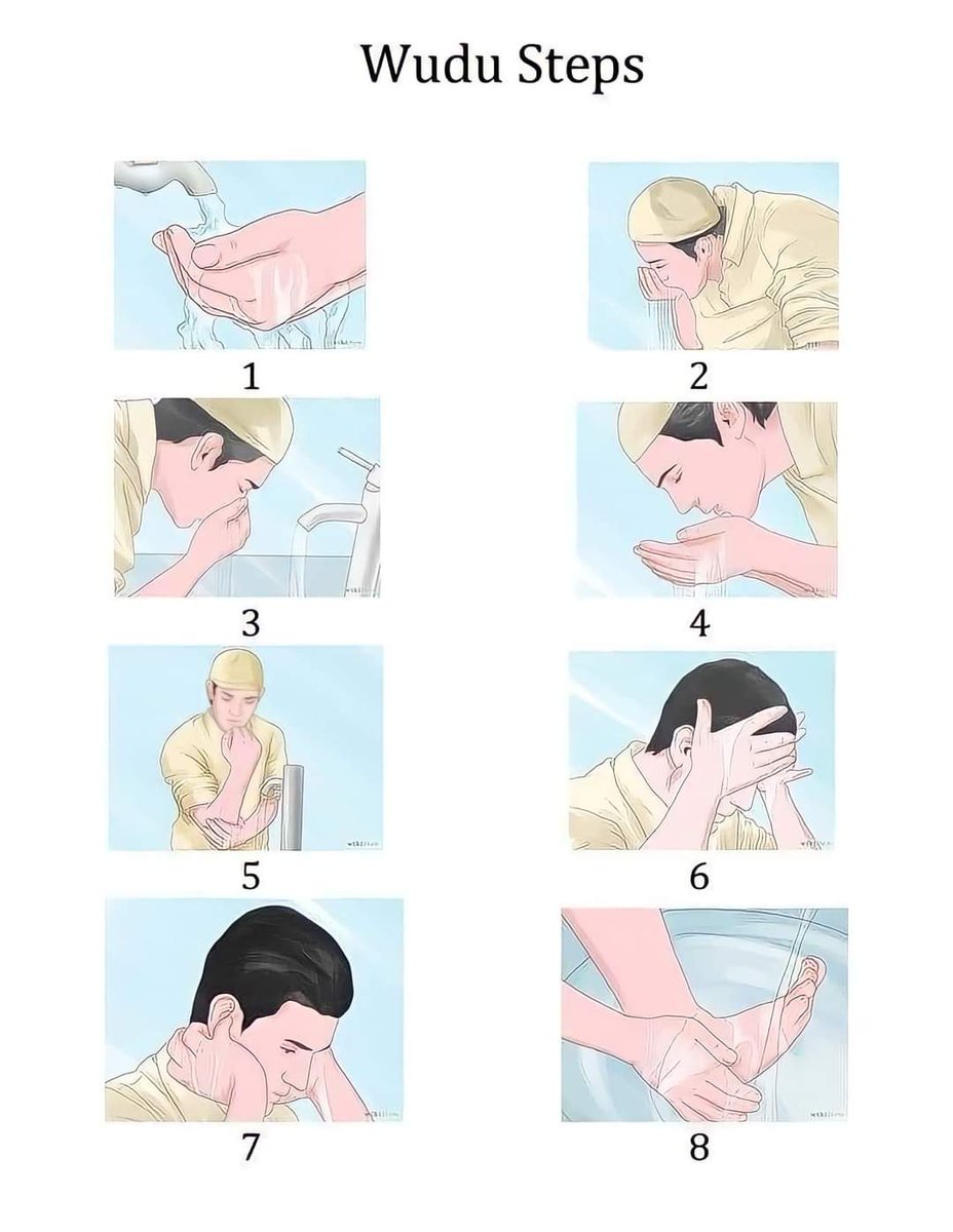 Sunnah of ablution!
Wudhu Begin with intention.
 1. wash hand x3
 2. wash mouth x3
 3. clear nose x3
 4. wash face x3
 5. wash arms x3
 6. clear head and ears x1
 7. wash feet x3